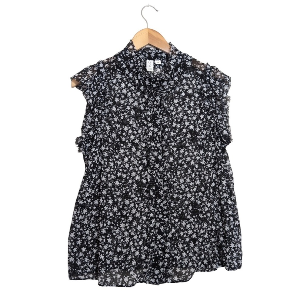 Joie Semi Sheer Button Front Blouse Women L Black Floral Dainty Feminine Cottage
